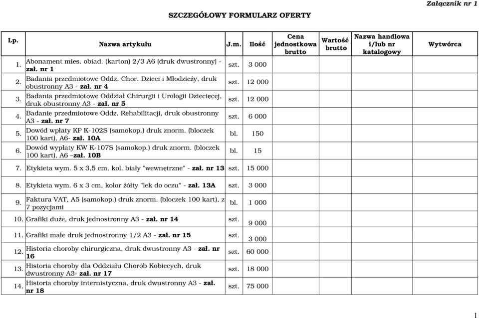 Badania przedmiotowe Oddział Chirurgii i Urologii Dziecięcej, druk obustronny A3 - zał. nr 5 4. Badanie przedmiotowe Oddz. Rehabilitacji, druk obustronny A3 - zał. nr 7 5.