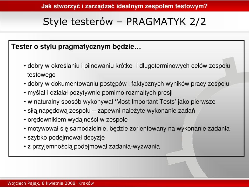 dokumentowaniu postpów i faktycznych wyników pracy zespołu mylał i działał pozytywnie pomimo rozmaitych presji w naturalny sposób