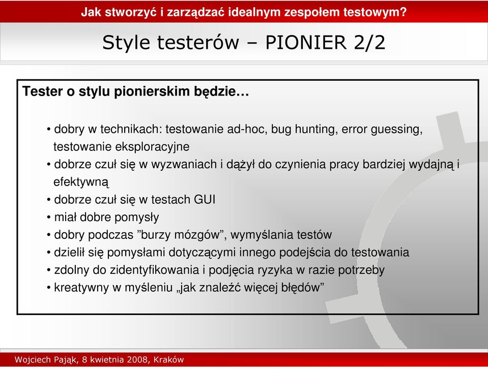 si w testach GUI miał dobre pomysły dobry podczas burzy mózgów, wymylania testów dzielił si pomysłami dotyczcymi