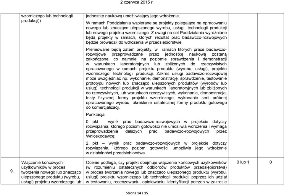 Z uwagi na cel Poddziałania wyróżniane będą projekty w ramach, których rezultat prac badawczo-rozwojowych będzie prowadził do wdrożenia w przedsiębiorstwie.