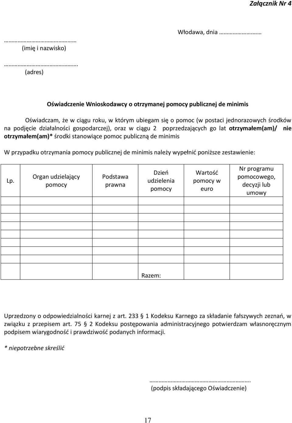 gospodarczej), oraz w ciągu 2 poprzedzających go lat otrzymałem(am)/ nie otrzymałem(am)* środki stanowiące pomoc publiczną de minimis W przypadku otrzymania pomocy publicznej de minimis należy