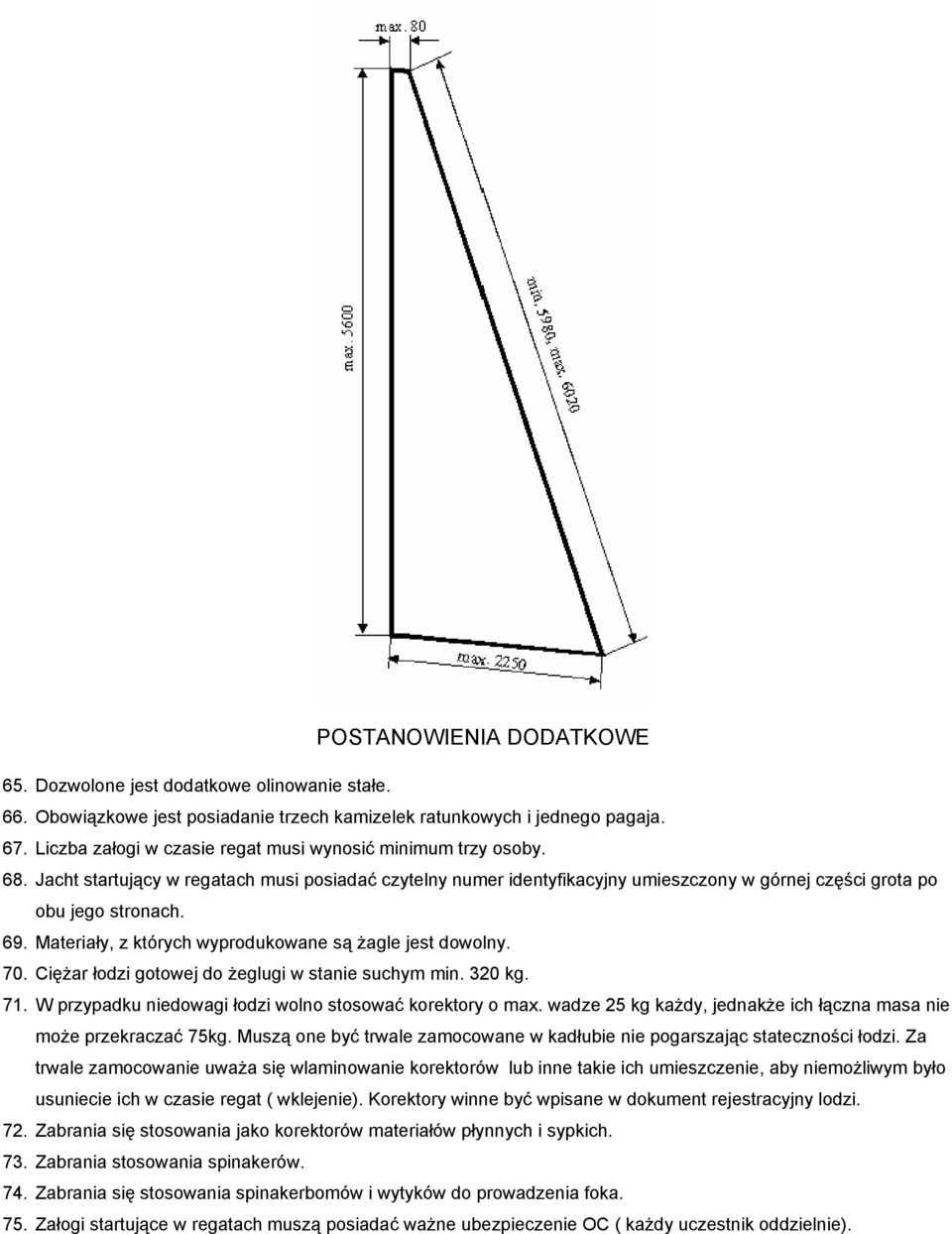Materiały, z których wyprodukowane są żagle jest dowolny. 70. Ciężar łodzi gotowej do żeglugi w stanie suchym min. 320 kg. 71. W przypadku niedowagi łodzi wolno stosować korektory o max.