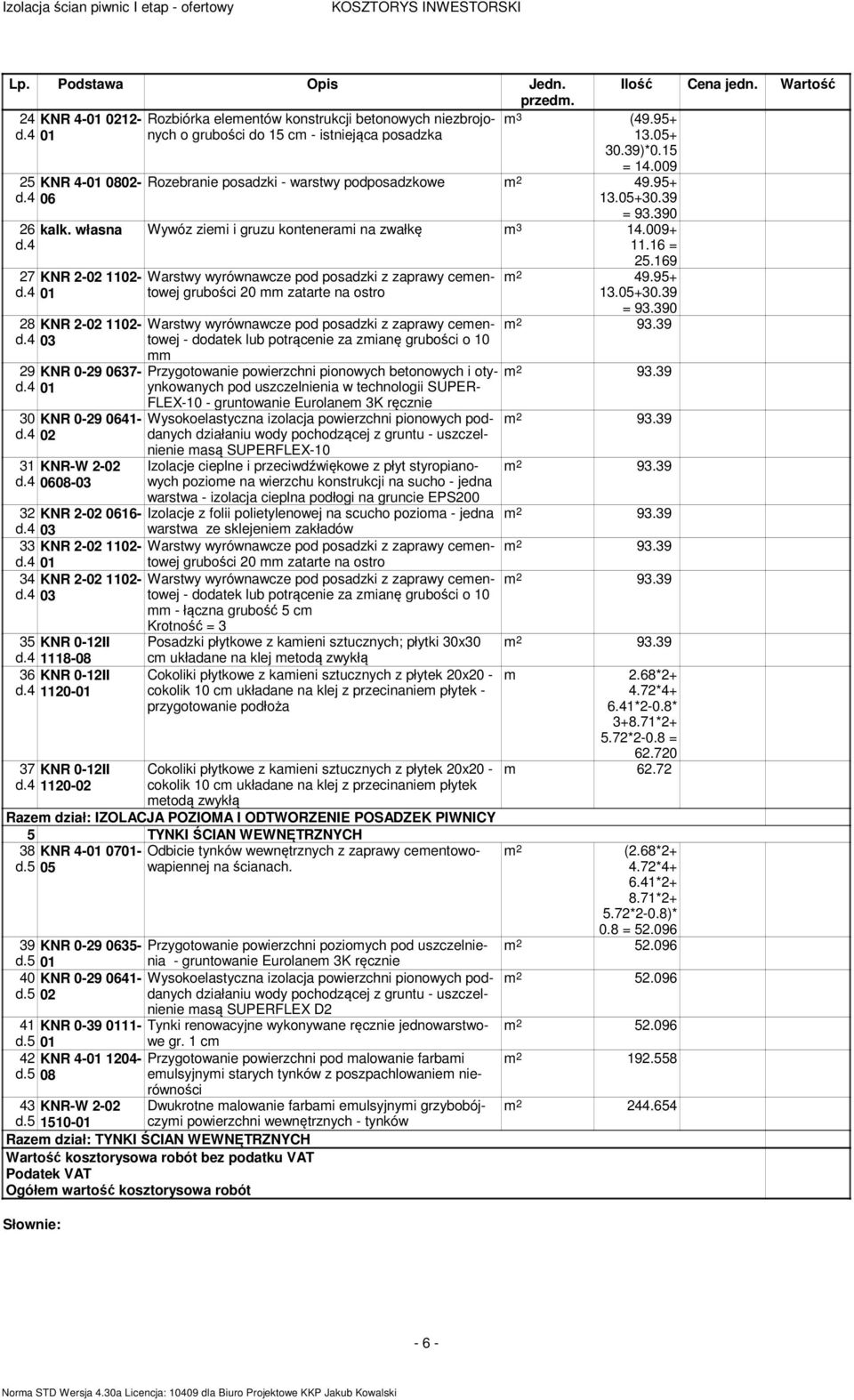 009 Rozebranie posadzki - warstwy podposadzkowe 49.95+ 13.05+30.39 = 93.390 kalk. własna Wywóz ziemi i gruzu kontenerami na zwałkę m 3 14.009+ 11.16 = 25.