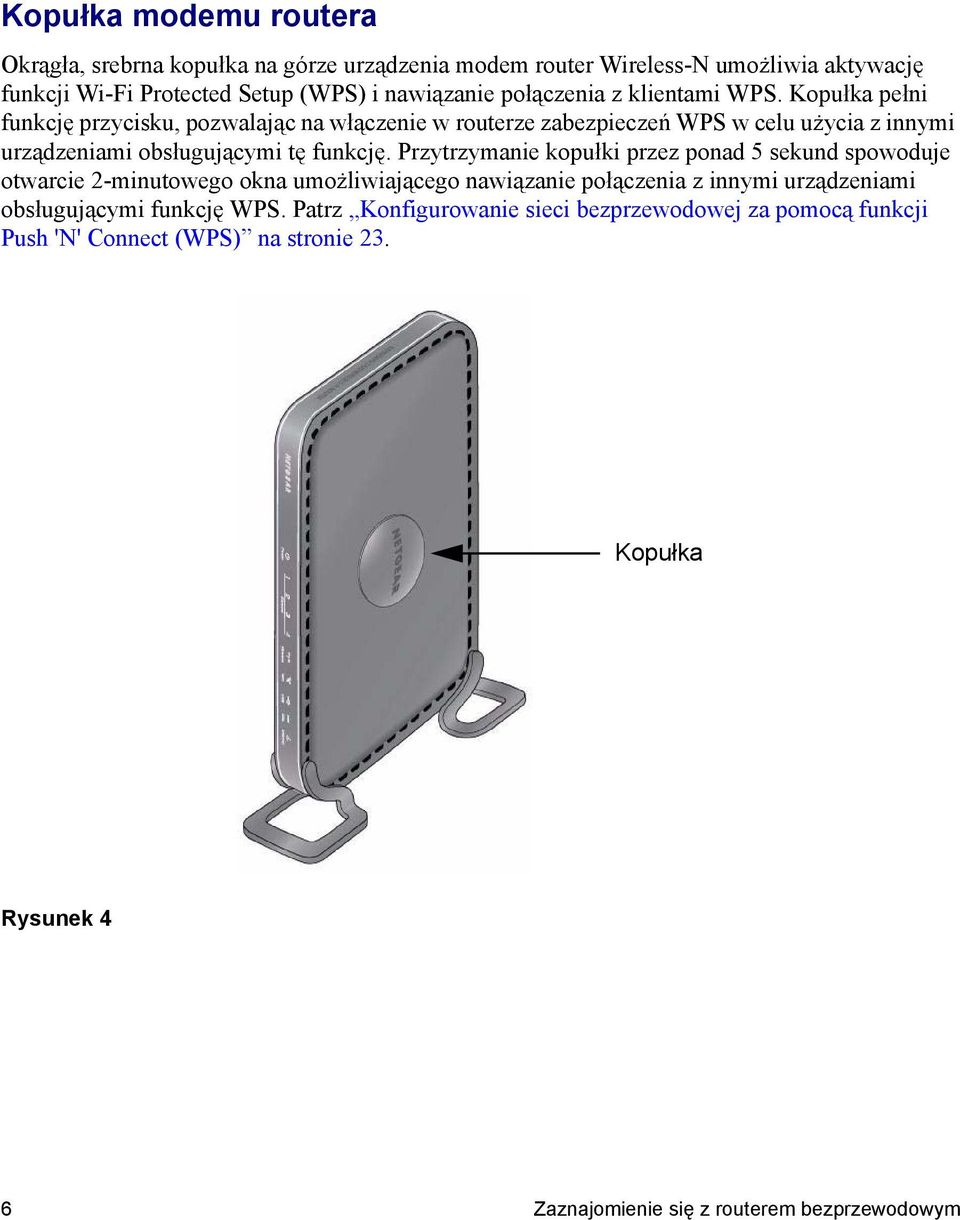 Kopułka pełni funkcję przycisku, pozwalając na włączenie w routerze zabezpieczeń WPS w celu użycia z innymi urządzeniami obsługującymi tę funkcję.