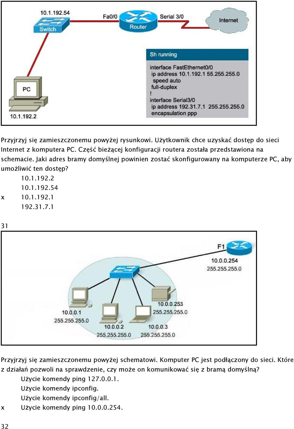 Jaki adres bramy domyślnej powinien zostać skonfigurowany na komputerze PC, aby umożliwić ten dostęp? 10.1.192.2 10.1.192.54 x 10.1.192.1 192.31.7.