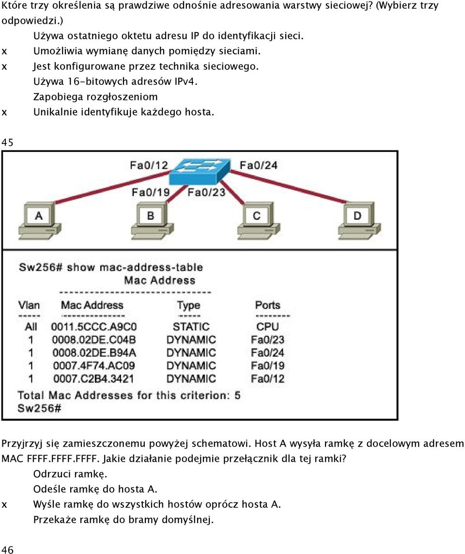 Zapobiega rozgłoszeniom x Unikalnie identyfikuje każdego hosta. 45 Przyjrzyj się zamieszczonemu powyżej schematowi.