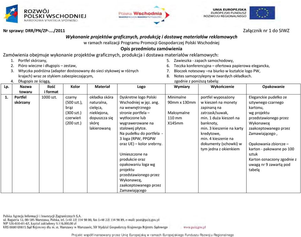 zamówienia Zamówienia obejmuje wykonanie projektów graficznych, produkcja i dostawa materiałów reklamowych: 1. Portfel skórzany, 2. Pióro wieczne i długopis zestaw, 3.