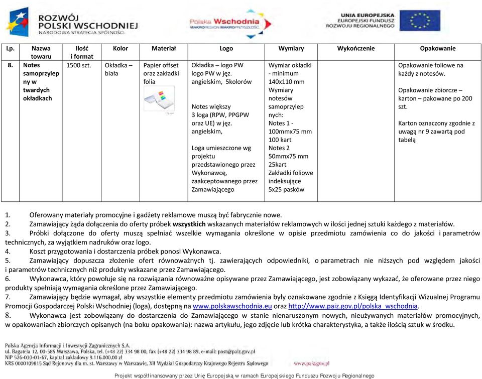 angielskim, Loga umieszczone wg Wymiar okładki minimum 140x110 mm Wymiary notesów samoprzylep nych: Notes 1 100mmx75 mm 100 kart Notes 2 50mmx75 mm 25kart Zakładki foliowe indeksujące 5x25 pasków