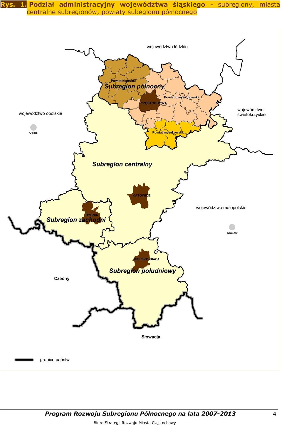 śląskiego - subregiony, miasta centralne