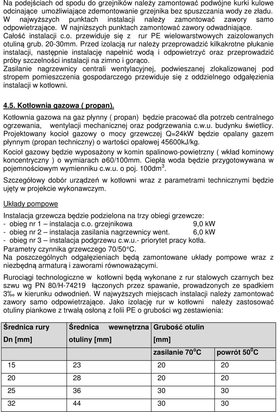 20-30mm. Przed izolacją rur należy przeprowadzić kilkakrotne płukanie instalacji, następnie instalację napełnić wodą i odpowietrzyć oraz przeprowadzić próby szczelności instalacji na zimno i gorąco.