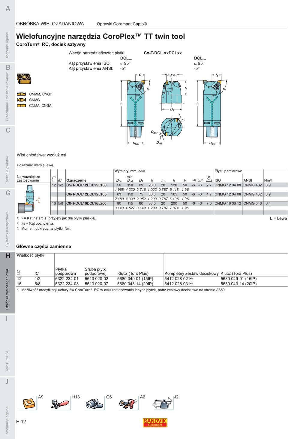 zastosowanie K ic Oznaczenie D5m Dm1 D1 f1 h1 l1 γ U l3 1) λs 2) SO ANS Nm 3) 12 1/2 C5-T-DCL12DCL12L130 50 110 69 26.0 20 130 50-6 -6 2.7 CNMG 12 04 08 CNMG 432 3.9 1.968 4.330 2.716 1.023 0.787 5.