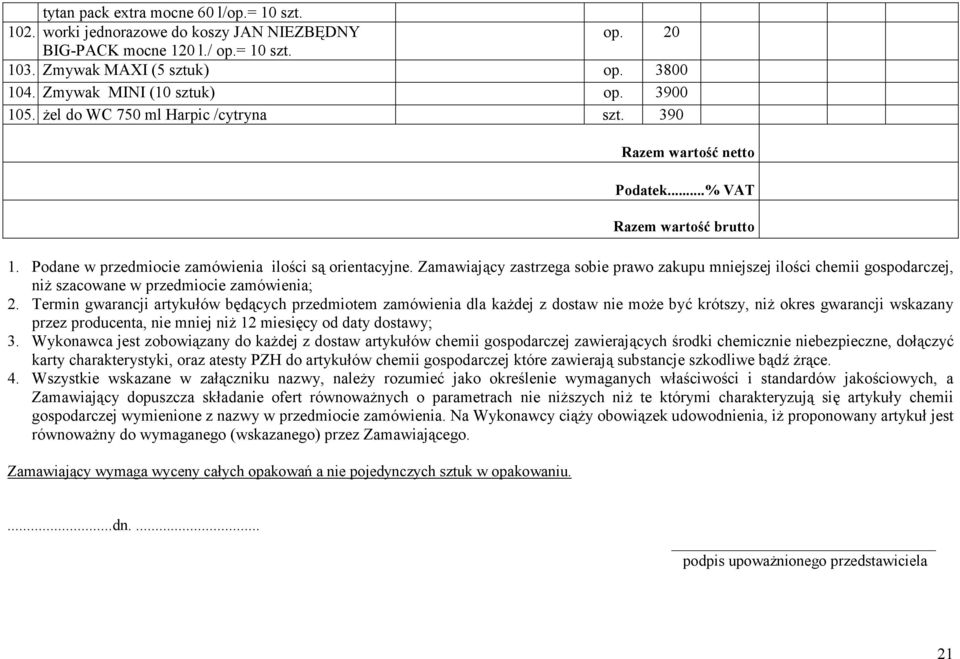 Zamawiający zastrzega sobie prawo zakupu mniejszej ilości chemii gospodarczej, niż szacowane w przedmiocie zamówienia; 2.