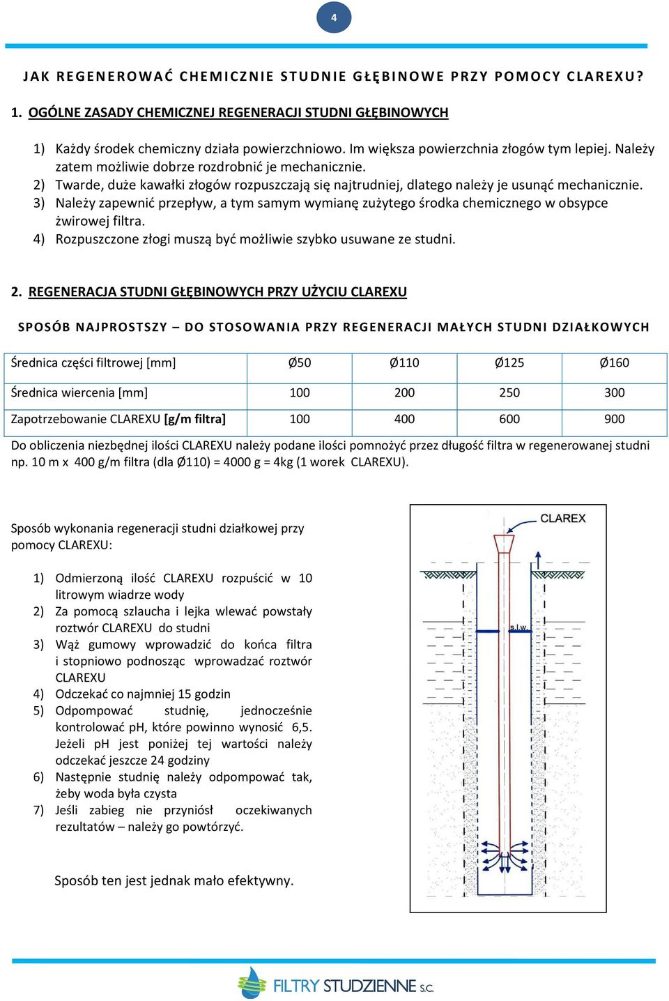 3) Należy zapewnić przepływ, a tym samym wymianę zużytego środka chemicznego w obsypce żwirowej filtra. 4) Rozpuszczone złogi muszą być możliwie szybko usuwane ze studni. 2.