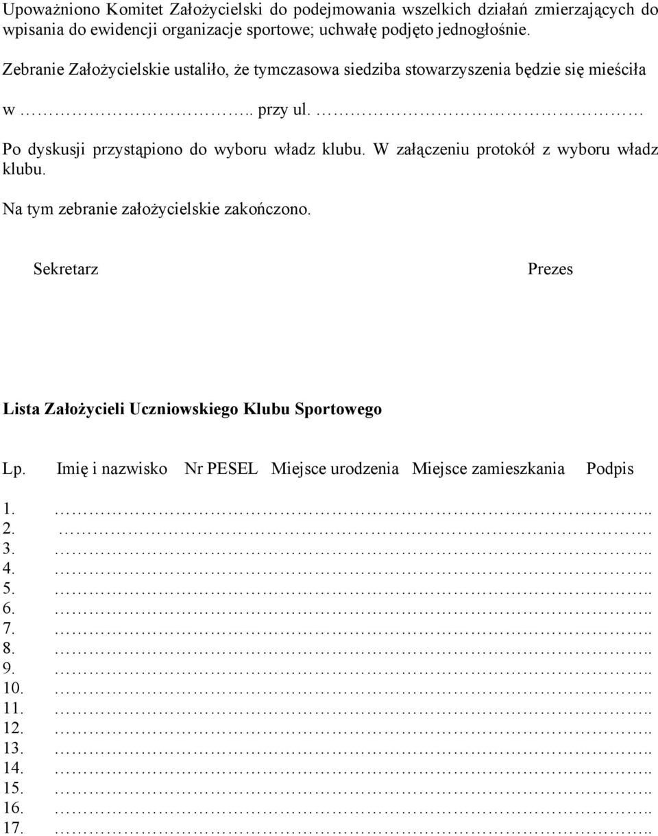 Po dyskusji przystąpiono do wyboru władz klubu. W załączeniu protokół z wyboru władz klubu. Na tym zebranie założycielskie zakończono.