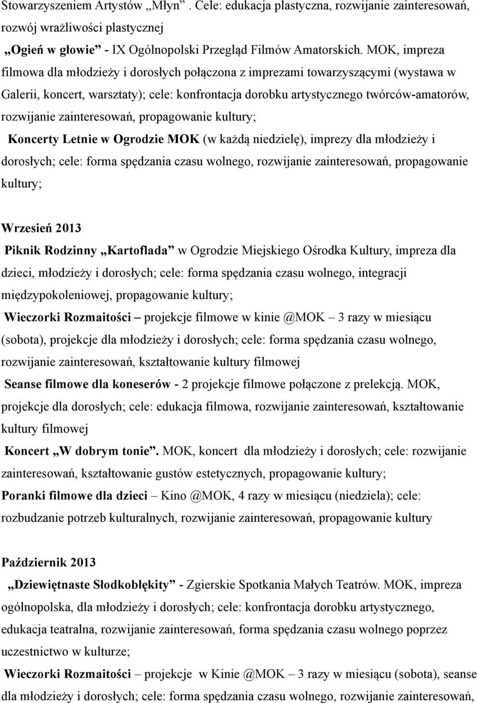 zainteresowań, propagowanie kultury; Koncerty Letnie w Ogrodzie MOK (w każdą niedzielę), imprezy dla młodzieży i dorosłych; cele: forma spędzania czasu wolnego, rozwijanie zainteresowań, propagowanie