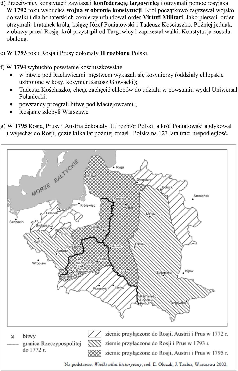 Później jednak, z obawy przed Rosją, król przystąpił od Targowicy i zaprzestał walki. Konstytucja została obalona. e) W 1793 roku Rosja i Prusy dokonały II rozbioru Polski.