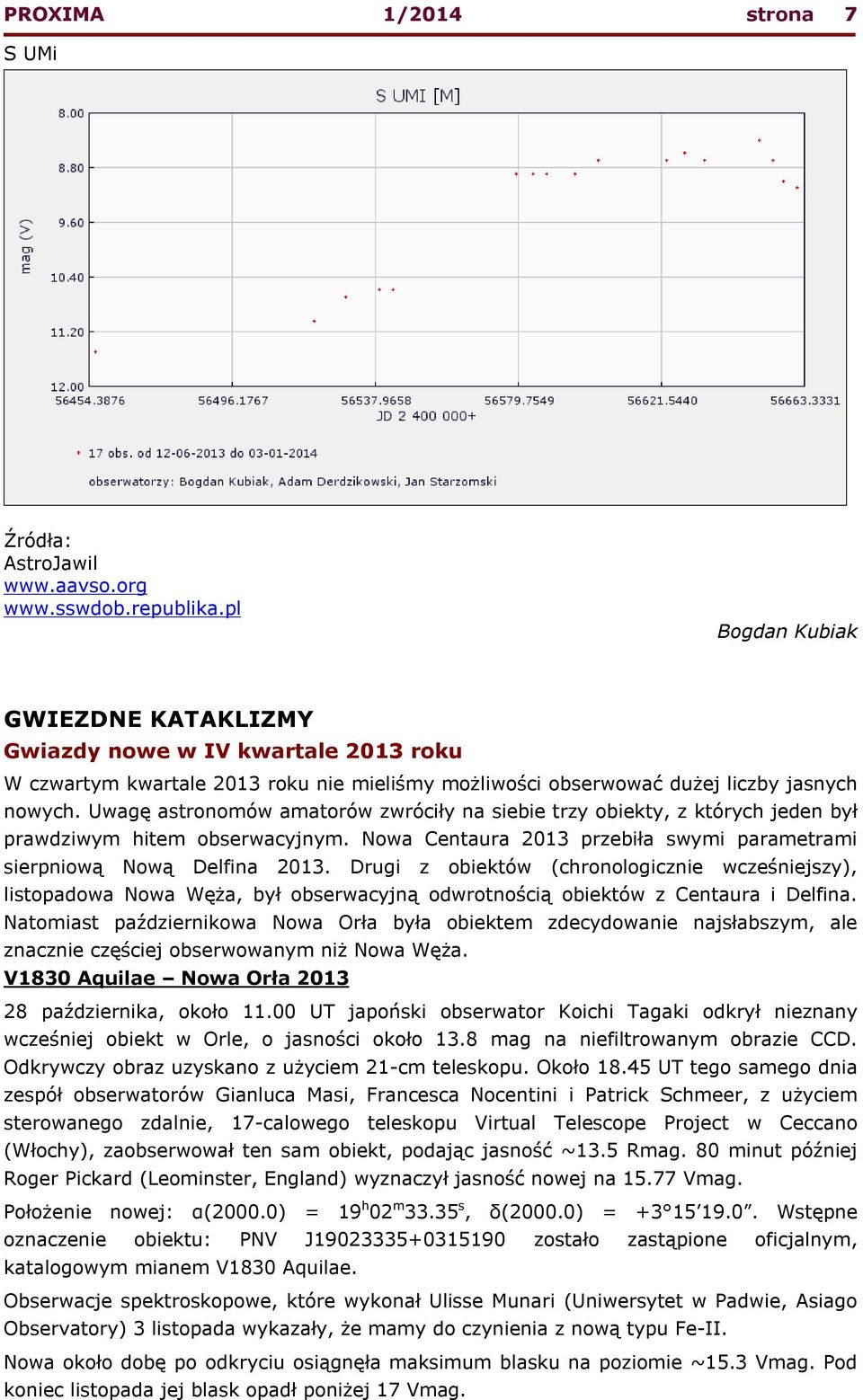 Uwagę astronomów amatorów zwróciły na siebie trzy obiekty, z których jeden był prawdziwym hitem obserwacyjnym. Nowa Centaura 2013 przebiła swymi parametrami sierpniową Nową Delfina 2013.