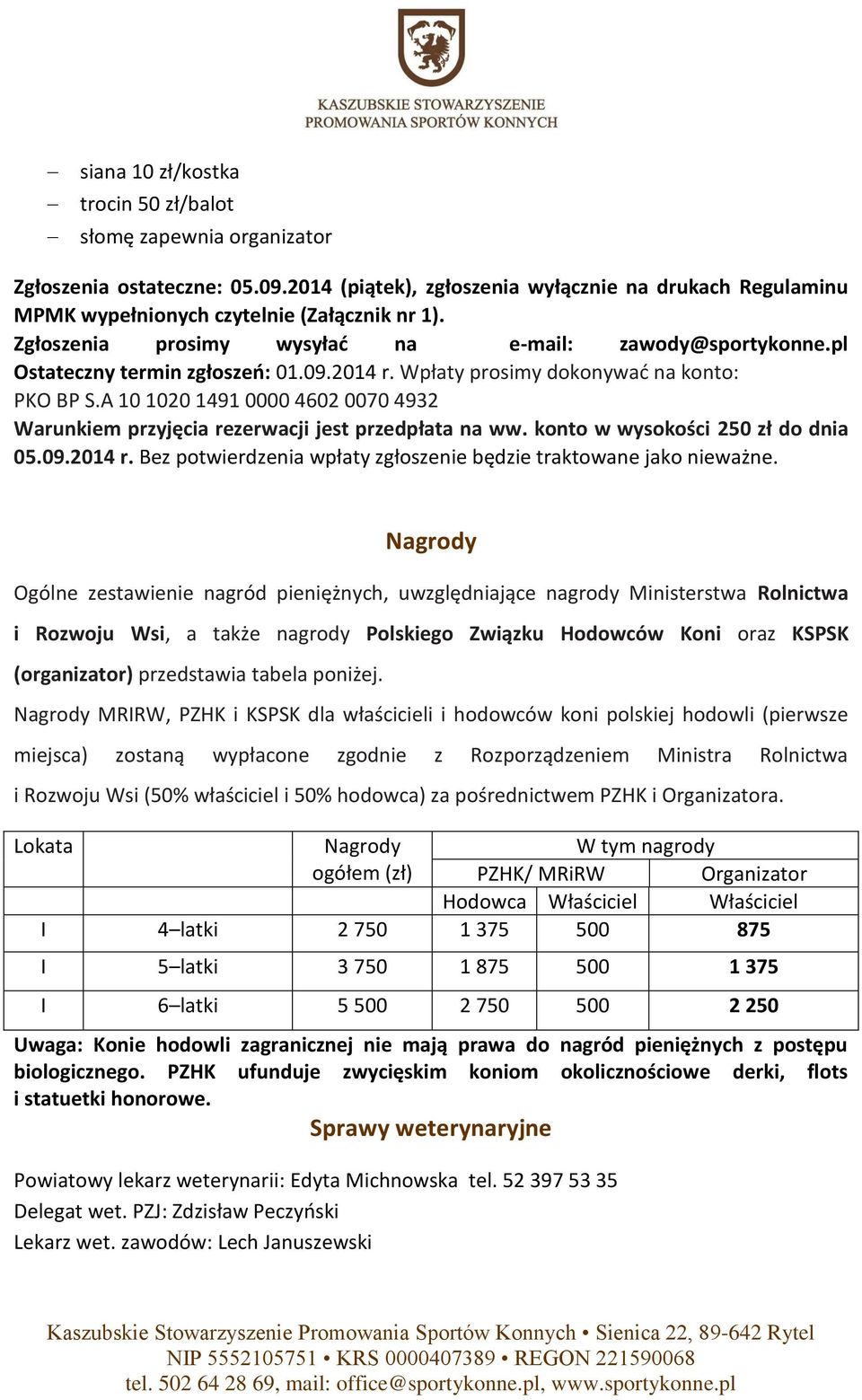 A 10 1020 1491 0000 4602 0070 4932 Warunkiem przyjęcia rezerwacji jest przedpłata na ww. konto w wysokości 250 zł do dnia 05.09.2014 r.