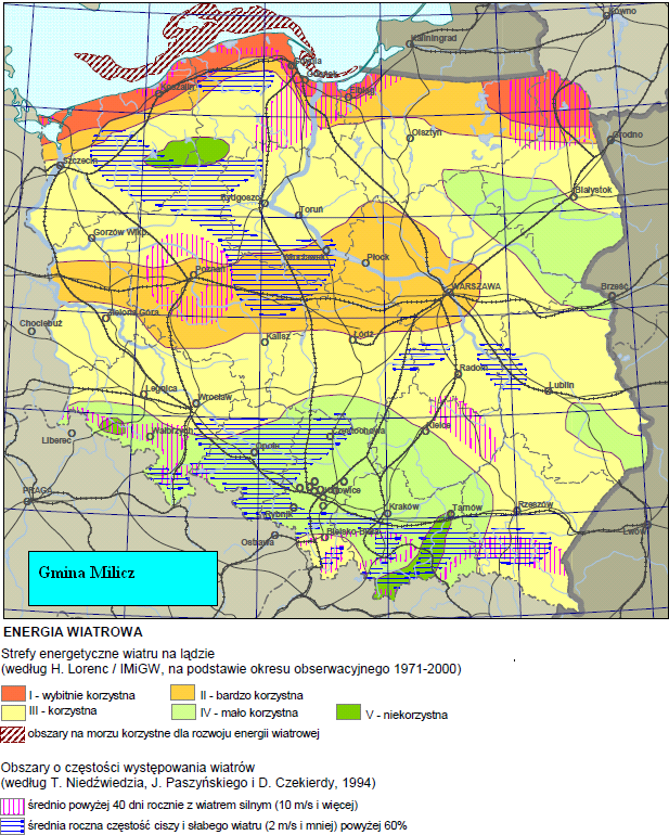 Rysunek 10 Energia wiatrowa, [źródło: Koncepcja Przestrzennego Zagospodarowania Kraju (KPZK)] Jak wynika z powyższego rysunku i tabeli, Milicz znajduje się w III strefie