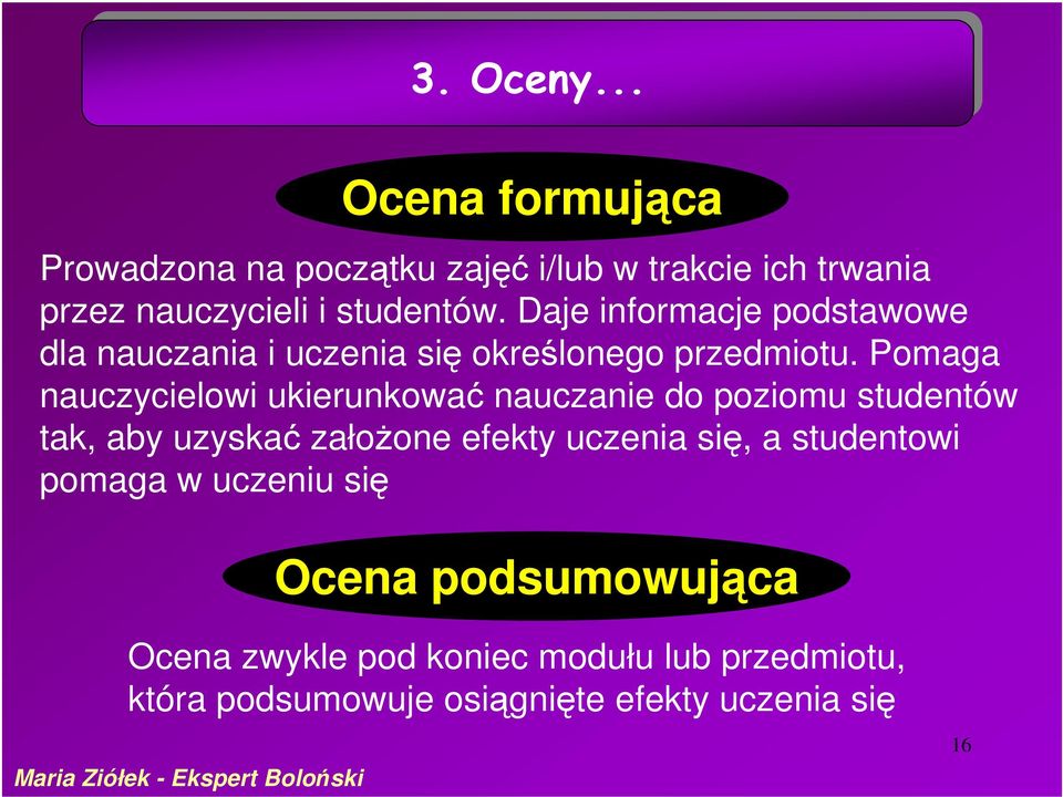 Pomaga nauczycielowi ukierunkować nauczanie do poziomu studentów tak, aby uzyskać założone efekty uczenia się, a studentowi