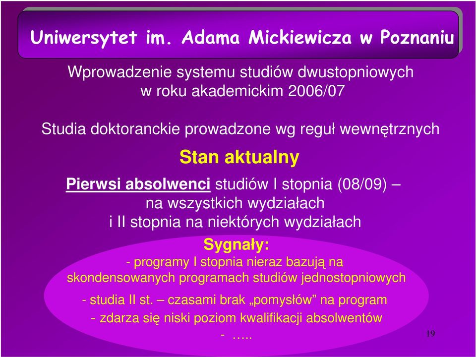 wewnętrznych Stan aktualny Pierwsi absolwenci studiów I stopnia (08/09) na wszystkich wydziałach i II stopnia na niektórych