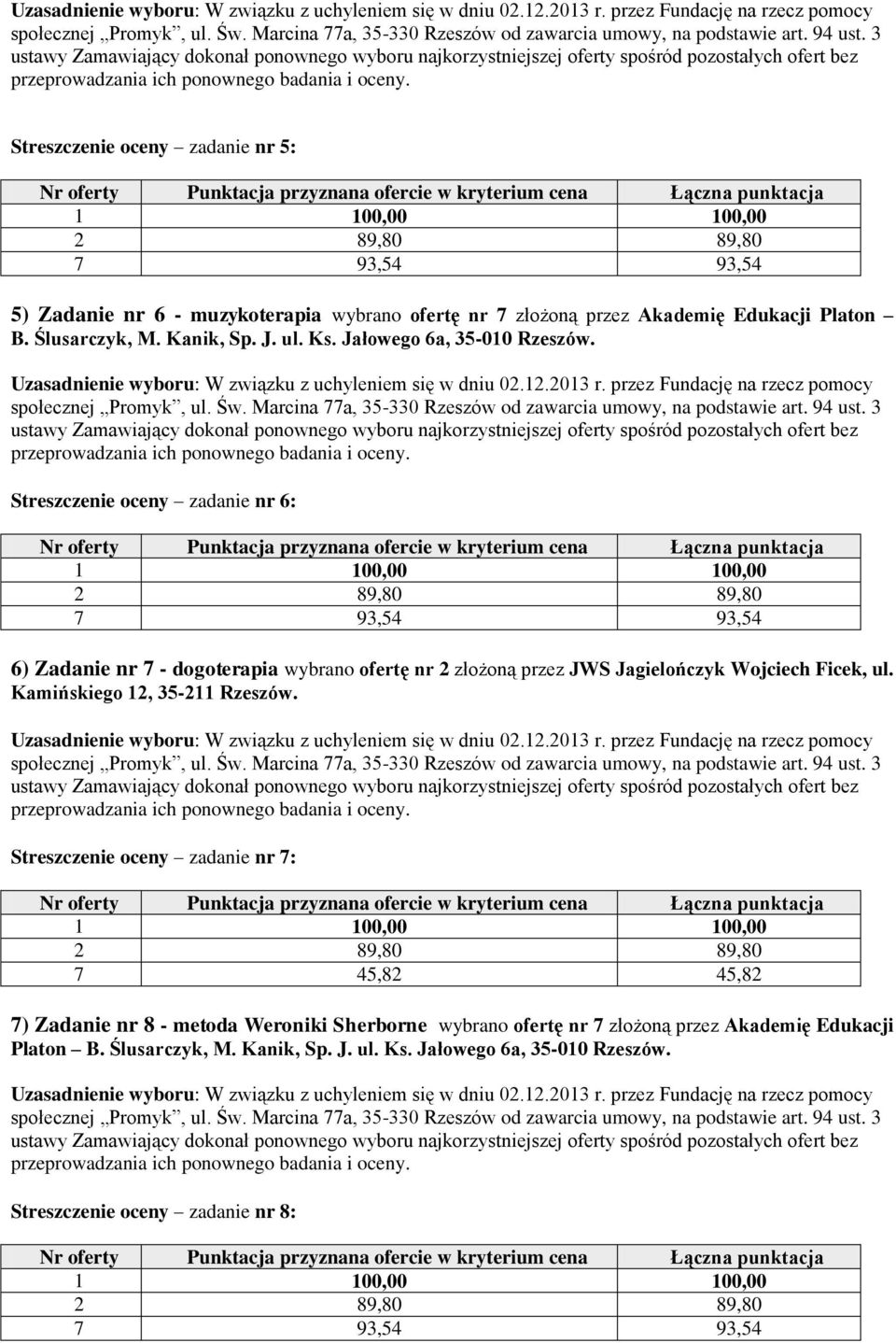 Streszczenie oceny zadanie nr 6: 6) Zadanie nr 7 - dogoterapia wybrano ofertę nr 2 złożoną przez JWS Jagielończyk Wojciech Ficek, ul.