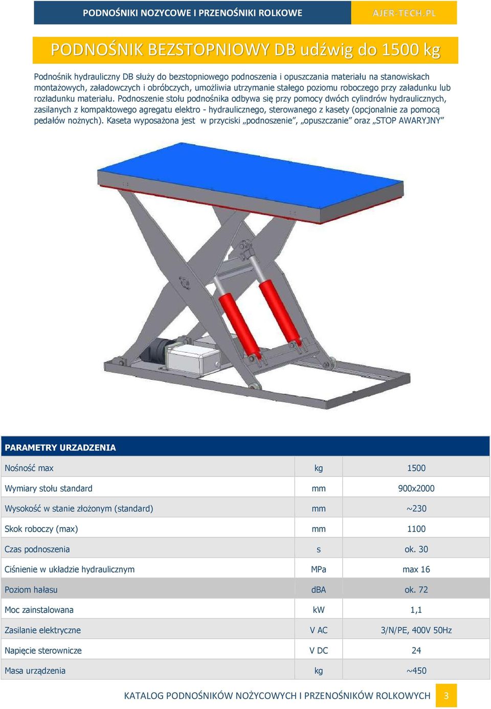Podnoszenie stołu podnośnika odbywa się przy pomocy dwóch cylindrów hydraulicznych, zasilanych z kompaktowego agregatu elektro - hydraulicznego, sterowanego z kasety (opcjonalnie za pomocą pedałów