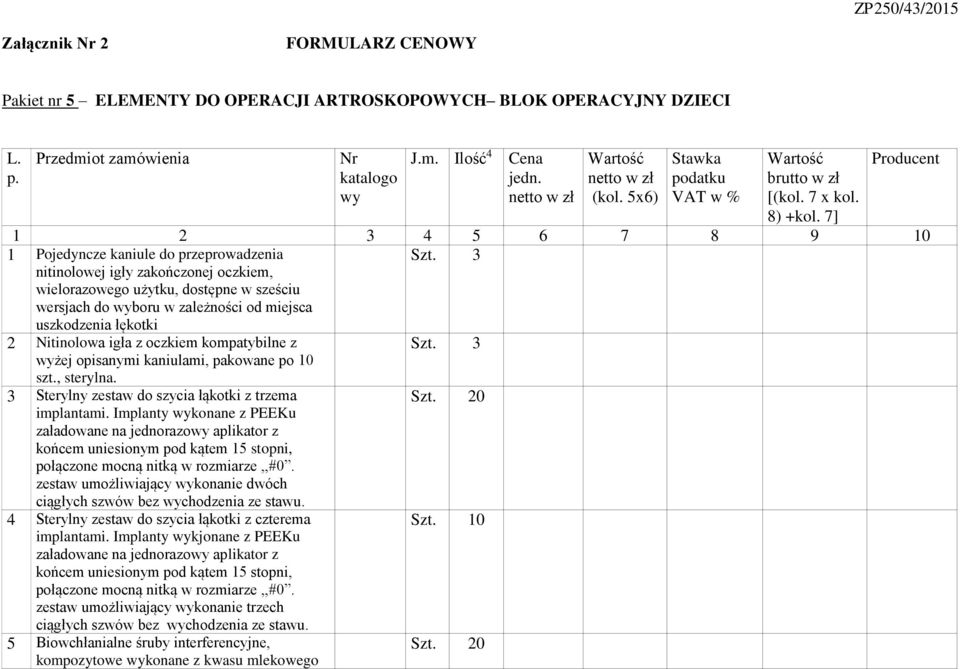 7] Producent 1 2 3 4 5 6 7 8 9 10 1 Pojedyncze kaniule do przeprowadzenia nitinolowej igły zakończonej oczkiem, wielorazowego użytku, dostępne w sześciu wersjach do wyboru w zależności od miejsca