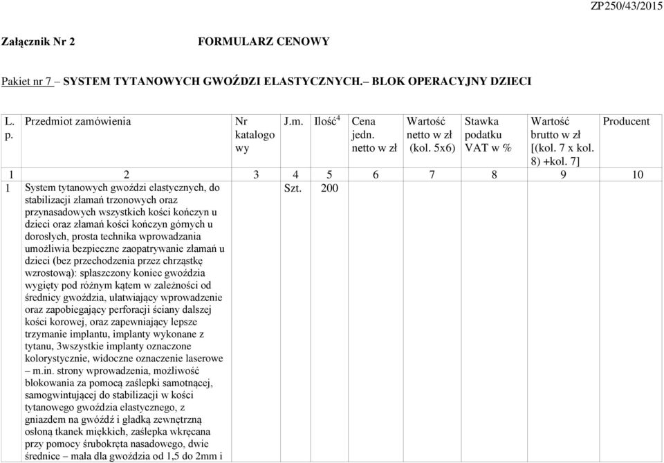 7] Producent 1 2 3 4 5 6 7 8 9 10 1 System tytanowych gwoździ elastycznych, do stabilizacji złamań trzonowych oraz przynasadowych wszystkich kości kończyn u dzieci oraz złamań kości kończyn górnych u