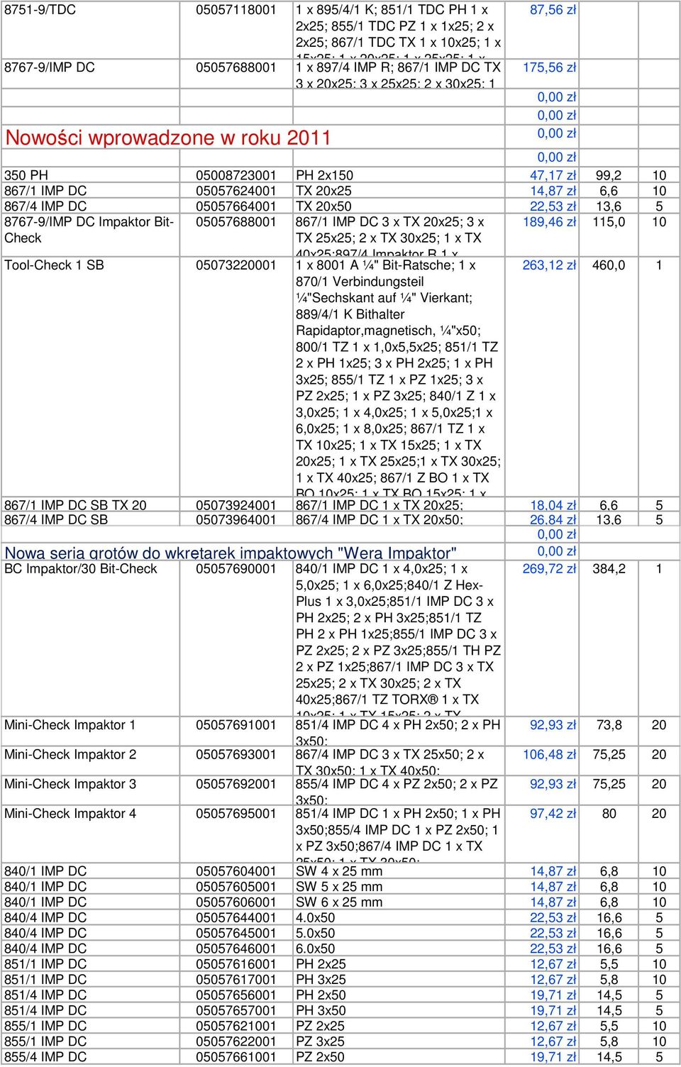 05057624001 TX 20x25 14,87 zł 6,6 10 867/4 IMP DC 05057664001 TX 20x50 22,53 zł 13,6 5 8767-9/IMP DC Impaktor Bit- Check 05057688001 867/1 IMP DC 3 x TX 20x25; 3 x TX 25x25; 2 x TX 30x25; 1 x TX