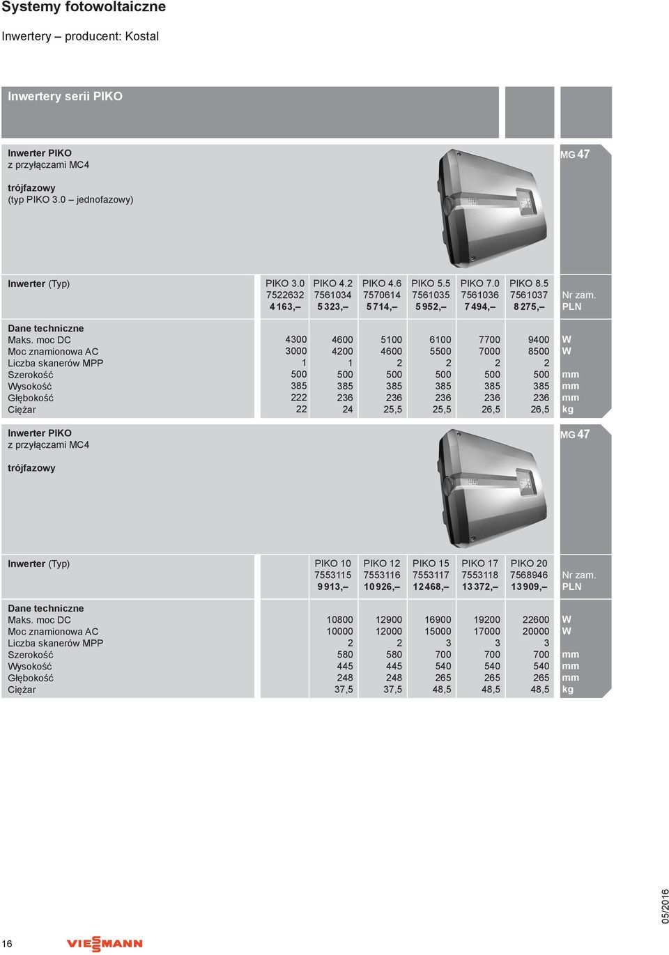 moc DC Moc znamionowa AC Liczba skanerów MPP ysokość Głębokość Ciężar Inwerter PIKO z przyłączami MC4 4300 3000 1 500 385 4600 400 1 500 385 36 4 5100 4600 500 385 36 5,5 6100 5500 500 385 36 5,5