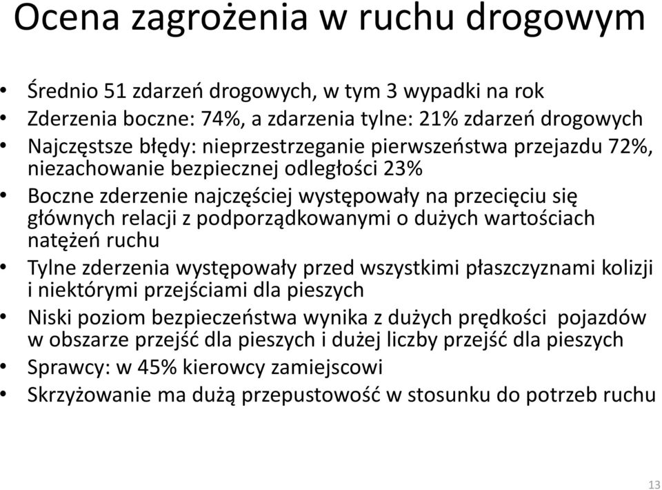 podporządkowanymi o dużych wartościach natężeo ruchu Tylne zderzenia występowały przed wszystkimi płaszczyznami kolizji i niektórymi przejściami dla pieszych Niski poziom