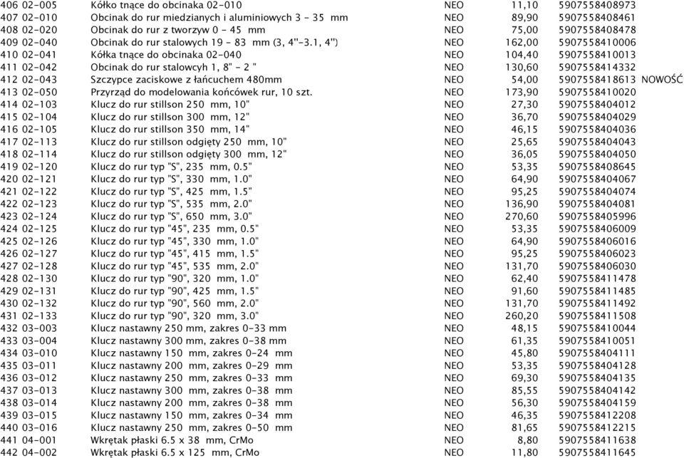 1, 4'') NEO 162,00 5907558410006 410 02-041 Kółka tnące do obcinaka 02-040 NEO 104,40 5907558410013 411 02-042 Obcinak do rur stalowcyh 1, 8" - 2 " NEO 130,60 5907558414332 412 02-043 Szczypce