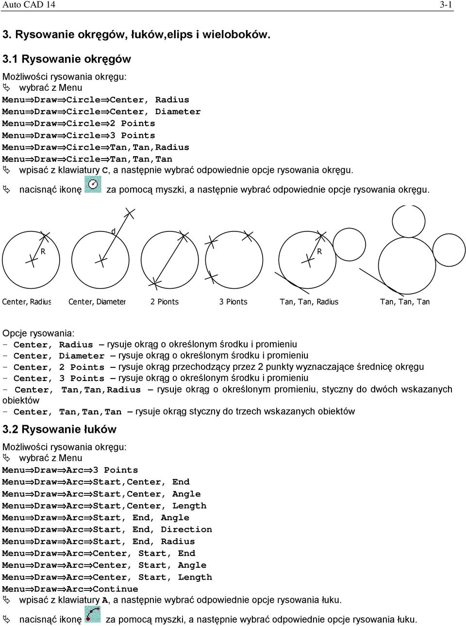 "wpisać z klawiatury, a następnie wybrać odpowiednie opcje rysowania okręgu.!"nacisnąć ikonę za pomocą myszki, a następnie wybrać odpowiednie opcje rysowania okręgu.