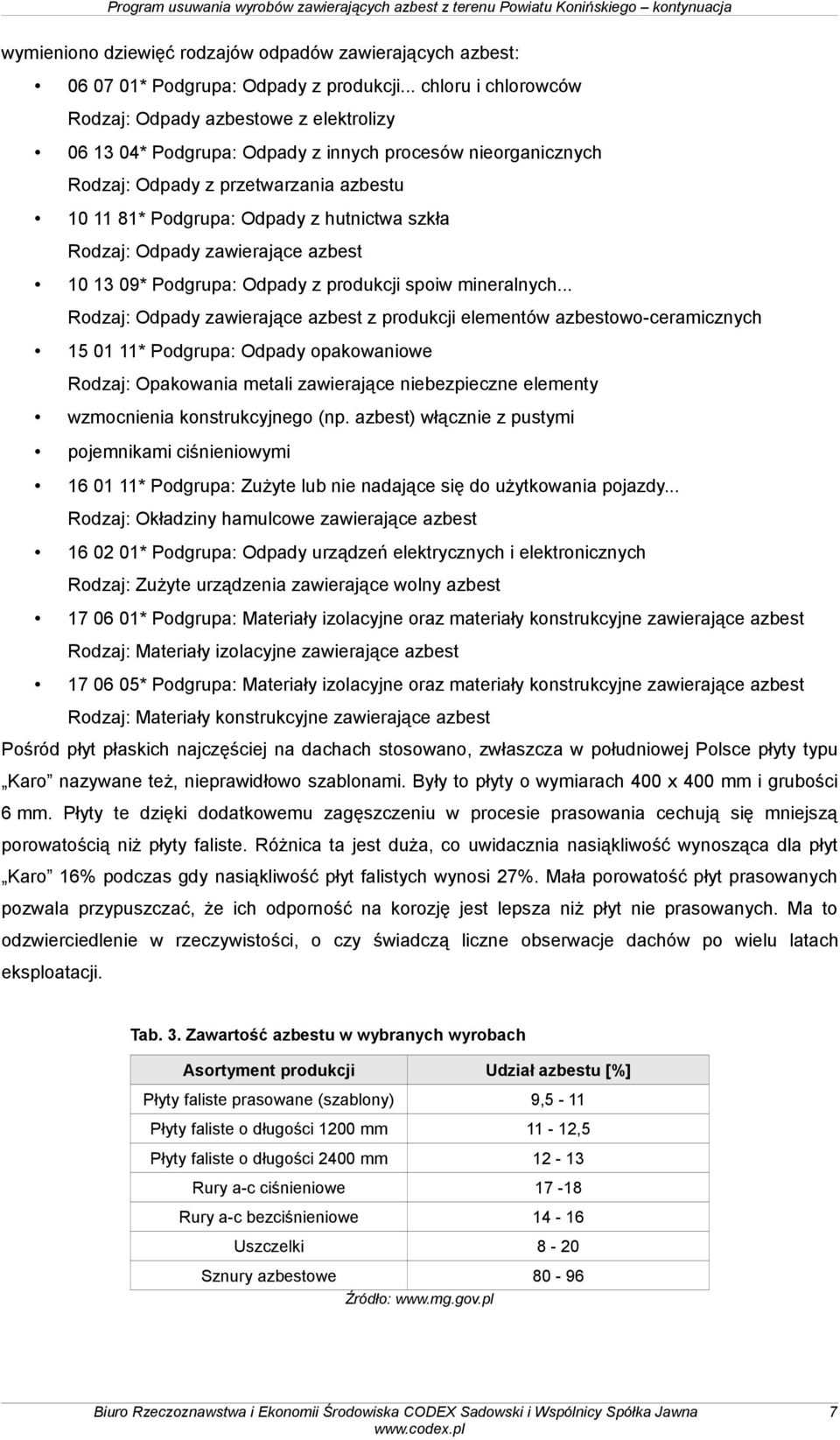 hutnictwa szkła Rodzaj: Odpady zawierające azbest 10 13 09* Podgrupa: Odpady z produkcji spoiw mineralnych.