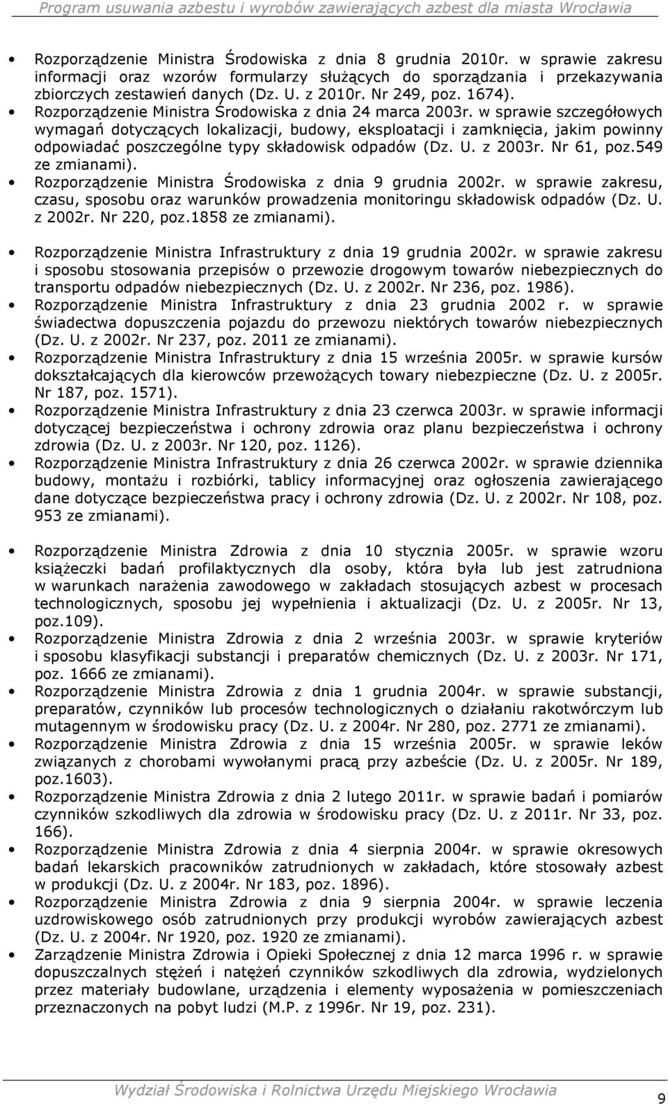 w sprawie szczegółowych wymagań dotyczących lokalizacji, budowy, eksploatacji i zamknięcia, jakim powinny odpowiadać poszczególne typy składowisk odpadów (Dz. U. z 2003r. Nr 61, poz.549 ze zmianami).