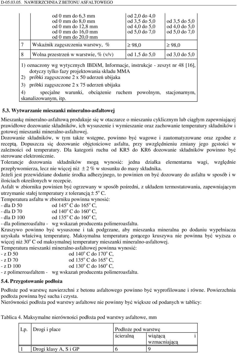 fazy projektowania składu MMA 2) próbki zagęszczone 2 x 50 uderzeń ubijaka 3) próbki zagęszczone 2 x 75 uderzeń ubijaka 4) specjalne warunki, obciążenie ruchem powolnym, stacjonarnym, skanalizowanym,