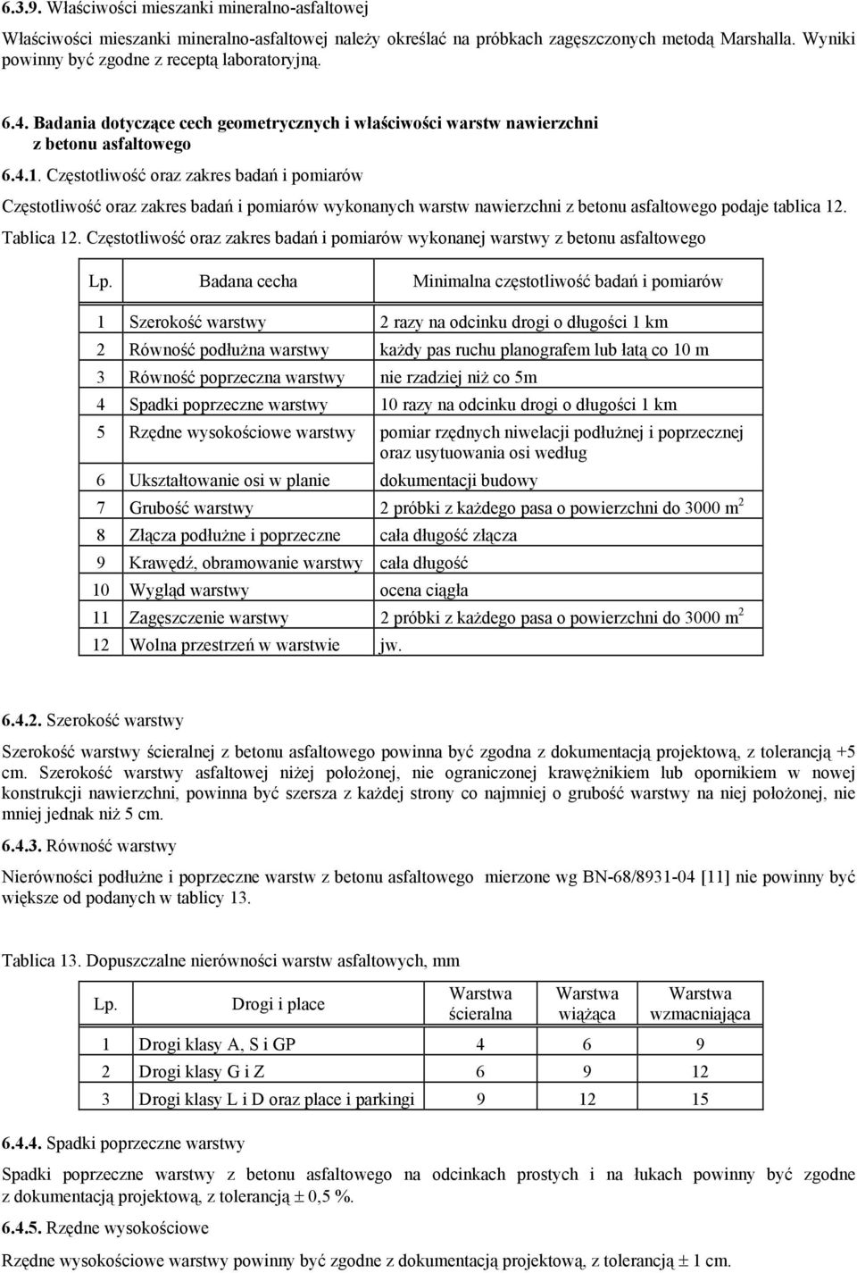 Częstotliwość oraz zakres badań i pomiarów Częstotliwość oraz zakres badań i pomiarów wykonanych warstw nawierzchni z betonu asfaltowego podaje tablica 12. Tablica 12.