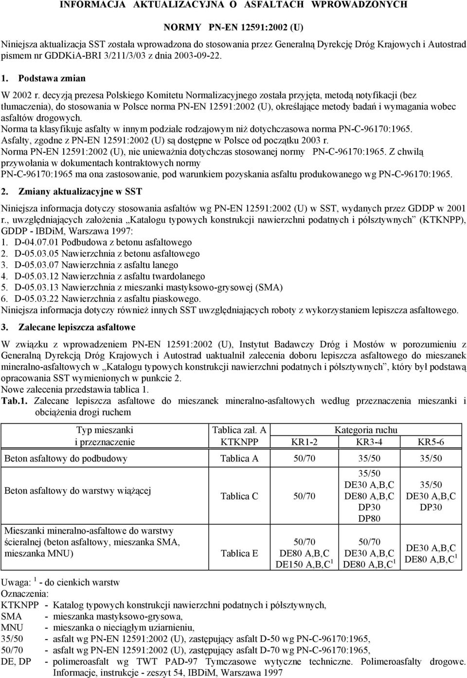 decyzją prezesa Polskiego Komitetu Normalizacyjnego została przyjęta, metodą notyfikacji (bez tłumaczenia), do stosowania w Polsce norma PN-EN 12591:2002 (U), określające metody badań i wymagania