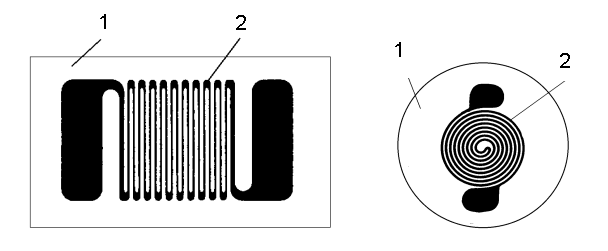 ys. 6.. Przykładowe tensometry elektrooporowe typu foliowego; podkładki nośne celuloidowe lub papierowe, folia metalowa Tensometry foliowe wykonywane są metodą fotochemiczną.