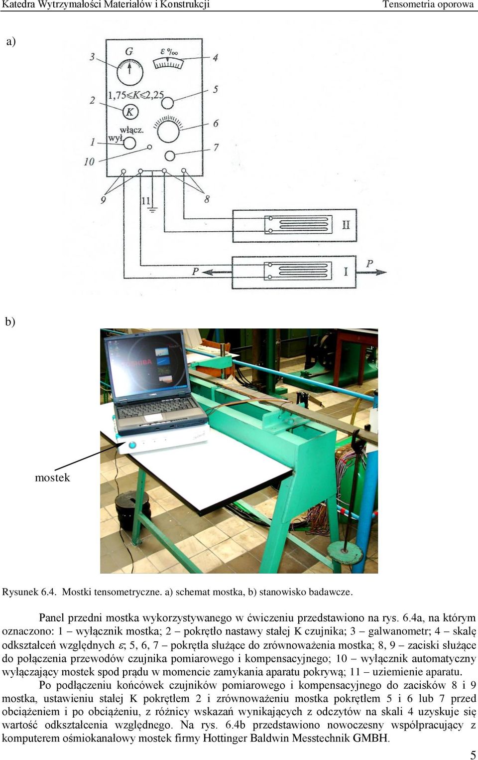 4a, na którym oznaczono: wyłącznik mostka; 2 pokrętło nastawy stałej K czujnika; 3 galwanometr; 4 skalę odkształceń względnych ; 5, 6, 7 pokrętła służące do zrównoważenia mostka; 8, 9 zaciski służące