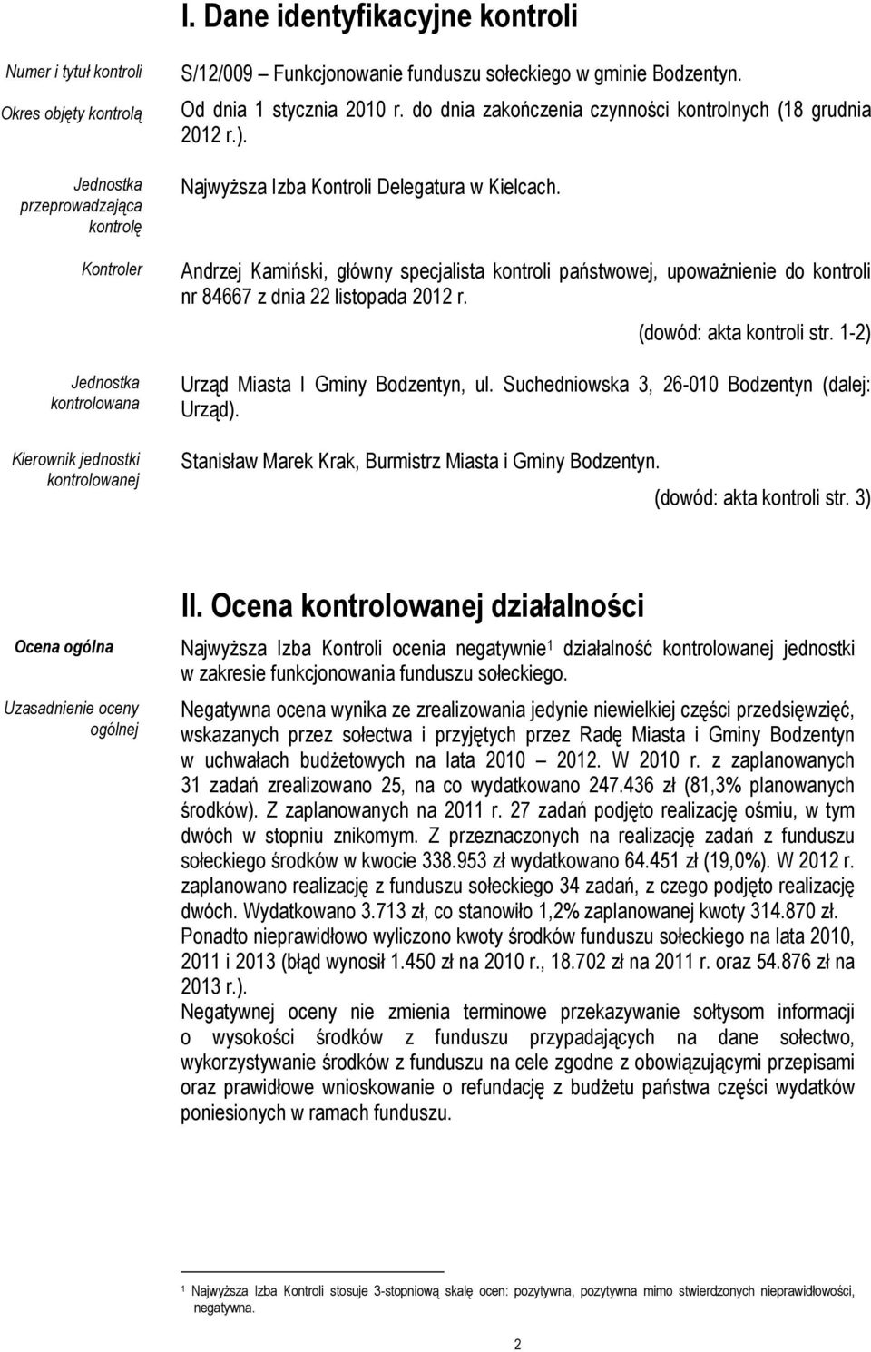 Andrzej Kamiński, główny specjalista kontroli państwowej, upowaŝnienie do kontroli nr 84667 z dnia 22 listopada 2012 r. (dowód: akta kontroli str. 1-2) Urząd Miasta I Gminy Bodzentyn, ul.