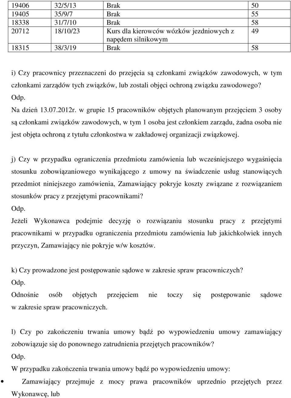 w grupie 15 pracowników objętych planowanym przejęciem 3 osoby są członkami związków zawodowych, w tym 1 osoba jest członkiem zarządu, żadna osoba nie jest objęta ochroną z tytułu członkostwa w