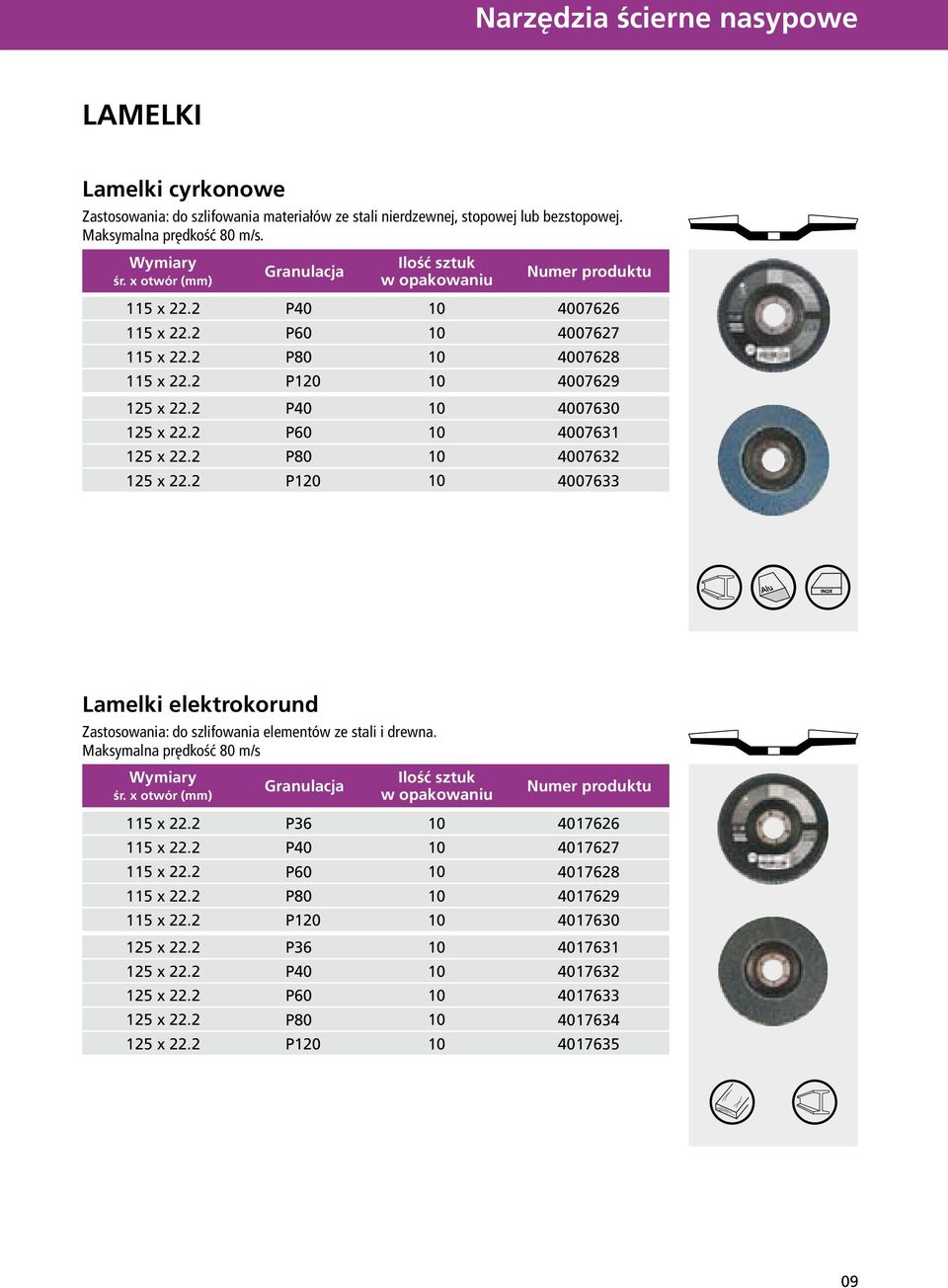 2 x 22.2 x 22.2 P40 P60 P80 P20 4007630 400763 4007632 4007633 Lamelki elektrokorund Zastosowania: do szlifowania elementów ze stali i drewna.