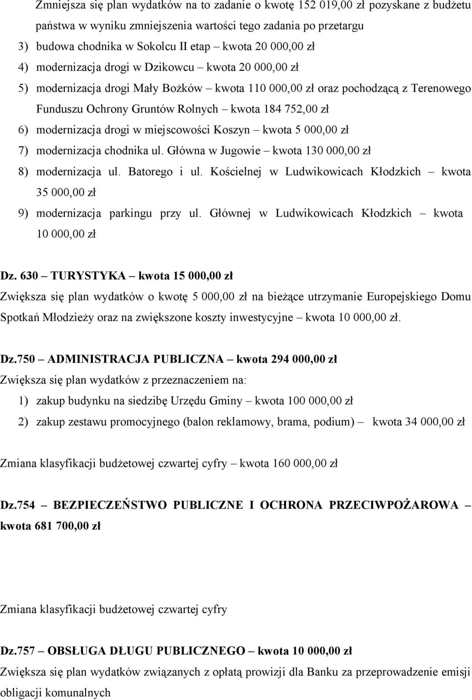 modernizacja drogi w miejscowości Koszyn kwota 5 000,00 zł 7) modernizacja chodnika ul. Główna w Jugowie kwota 1300,00 zł 8) modernizacja ul. Batorego i ul.