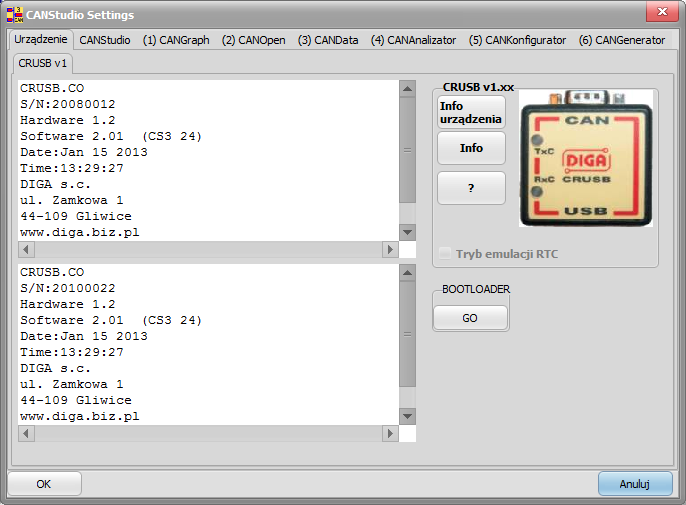 3.1.3.1 Zakładka Urządzenie Okno ustawień ogólnych dla CRSUB v1 Informacje z kontrolera USB na
