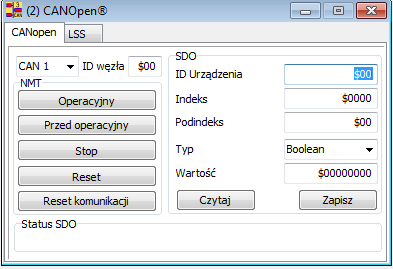 35 5. OKNO CANopen (2) Moduł CANopen umożliwia zarządzanie siecią zgodnie z CANopen. Pozwala na wysyłanie komunikatów NMT oraz przeprowadzić konfigurację LSS dla węzła CANopen. 5.1.