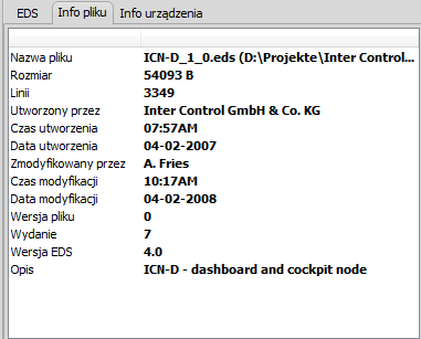 - Wyświetlenie informacji o urządzeniu zawartych w pliku EDS. Funkcja pozwalająca zapisać plik EDS.