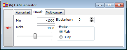 74 8.1.3. Zakładka Suwak Zakłada umożliwia ustawienie parametrów suwaka dla wysyłanego komunikatu CAN. Powrót do trybu tabelarycznego. Minimalna wartość dla zmiennej. Maksymalna wartość dla zmiennej.