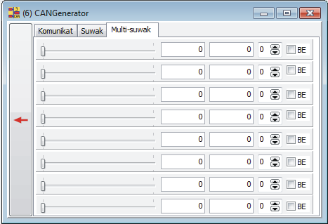 75 8.1.4. Zakładka Multi-suwak Zakłada umożliwia ustawienie parametrów suwaków dla wysyłanego komunikatu CAN.
